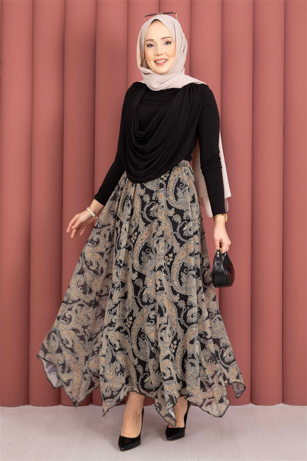 Shawl Pattern Asymmetrical Cut Chiffon Skirt Black