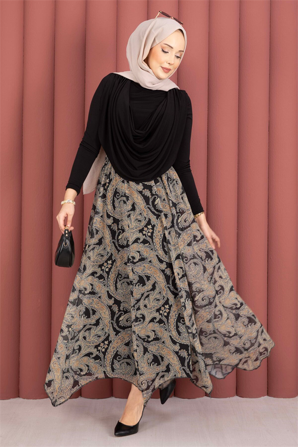 Shawl Pattern Asymmetrical Cut Chiffon Skirt Black