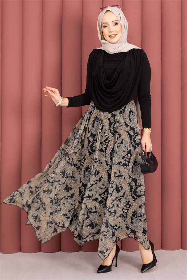 Shawl Pattern Asymmetrical Cut Chiffon Skirt Black