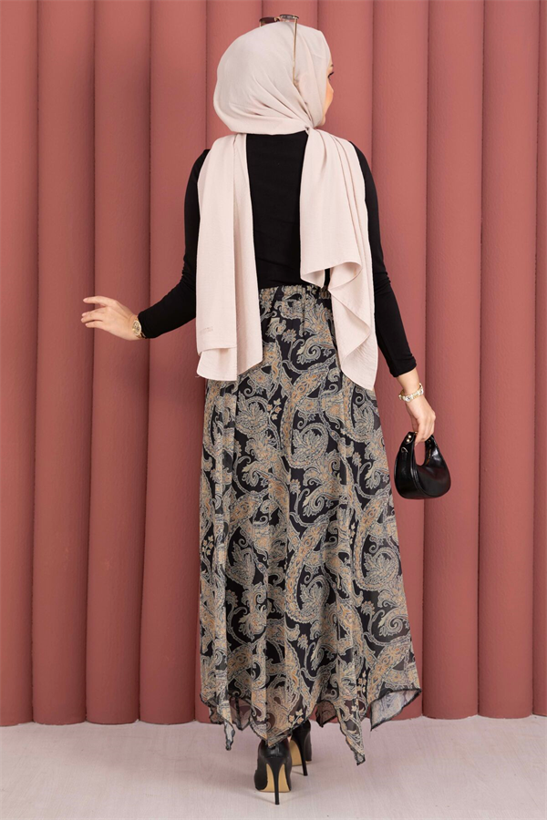 Shawl Pattern Asymmetrical Cut Chiffon Skirt Black