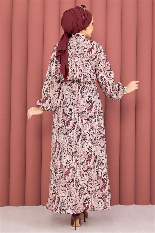 Shawl Pattern Hijab Dress with Gathered Waist, Burgundy