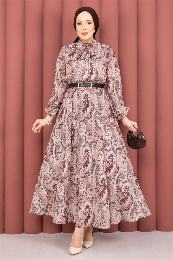 Shawl Patterned Hijab Dress with Gathered Waist, Brown