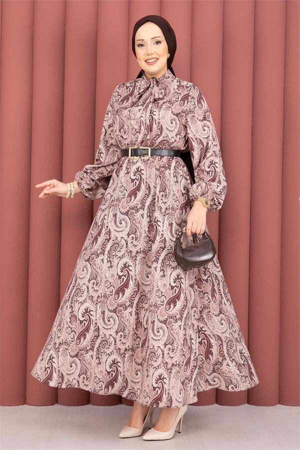 Shawl Patterned Hijab Dress with Gathered Waist, Brown