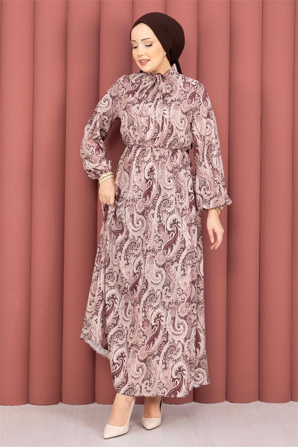 Shawl Patterned Hijab Dress with Gathered Waist, Brown
