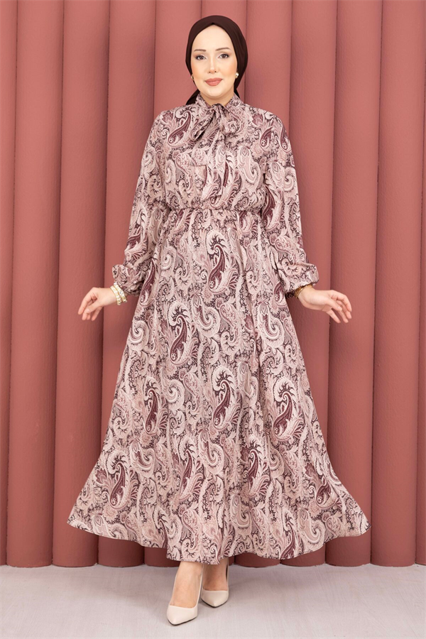 Shawl Patterned Hijab Dress with Gathered Waist, Brown