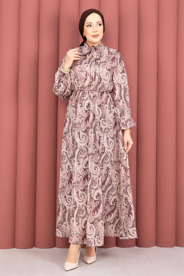 Shawl Patterned Hijab Dress with Gathered Waist, Brown