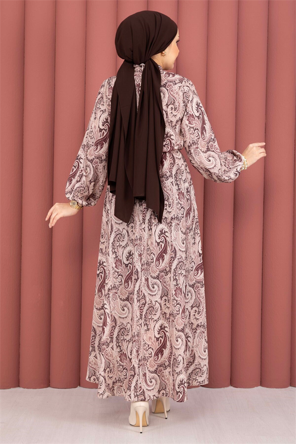 Shawl Patterned Hijab Dress with Gathered Waist, Brown
