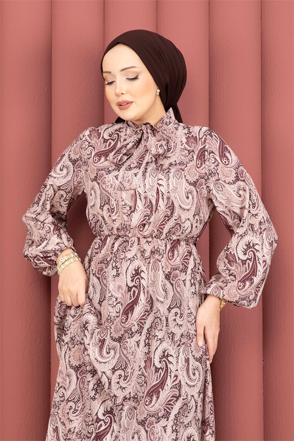 Shawl Patterned Hijab Dress with Gathered Waist, Brown