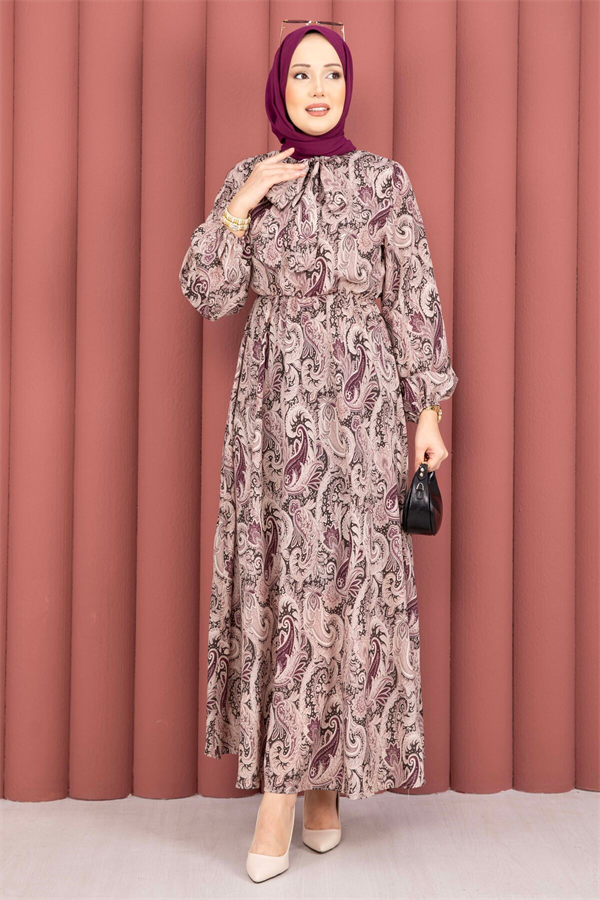 Shawl Patterned Hijab Dress with Gathered Waist, Plum