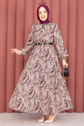 Shawl Patterned Hijab Dress with Gathered Waist, Plum