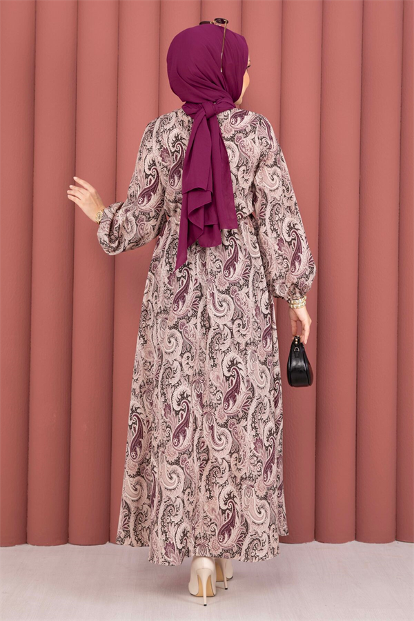 Shawl Patterned Hijab Dress with Gathered Waist, Plum