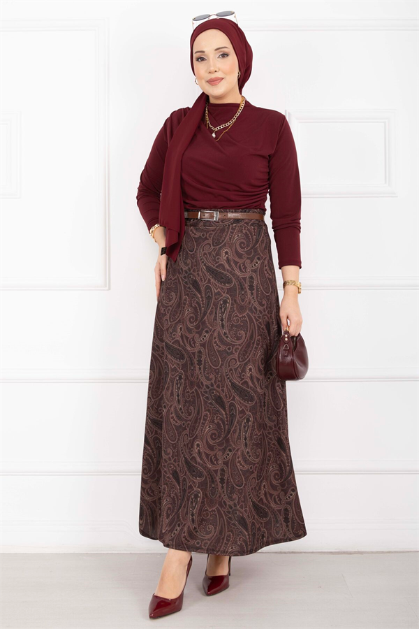 Shawl Pattern Scuba Skirt Burgundy