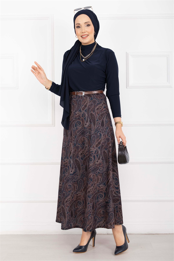 Shawl Pattern Scuba Skirt Navy Blue