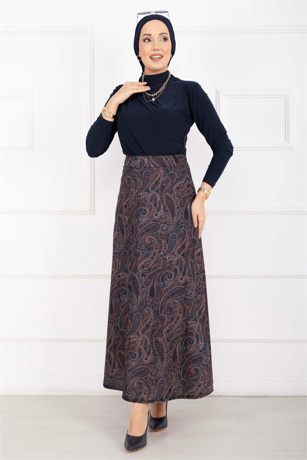 Shawl Pattern Scuba Skirt Navy Blue