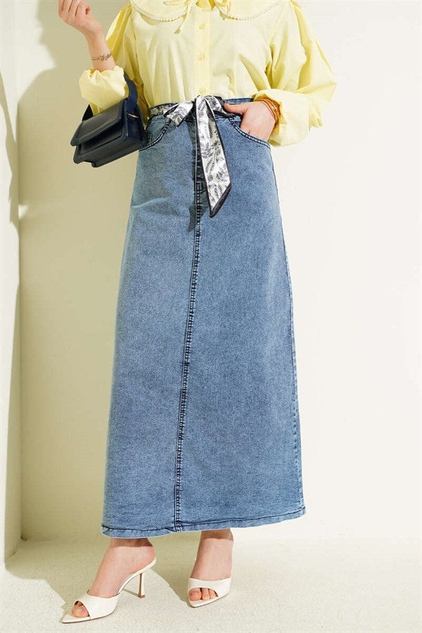 Shawl Detail Denim Skirt Light Blue