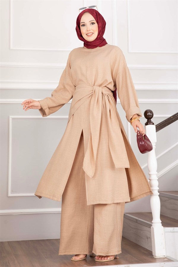 Shawl Detail Slit 3 Piece Set Camel