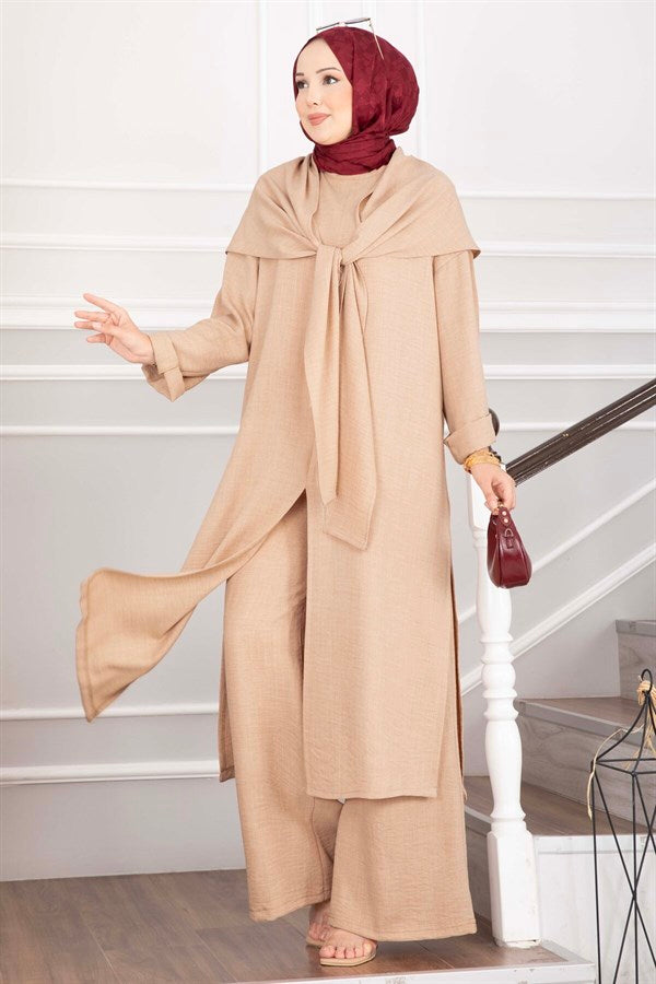 Shawl Detail Slit 3 Piece Set Camel