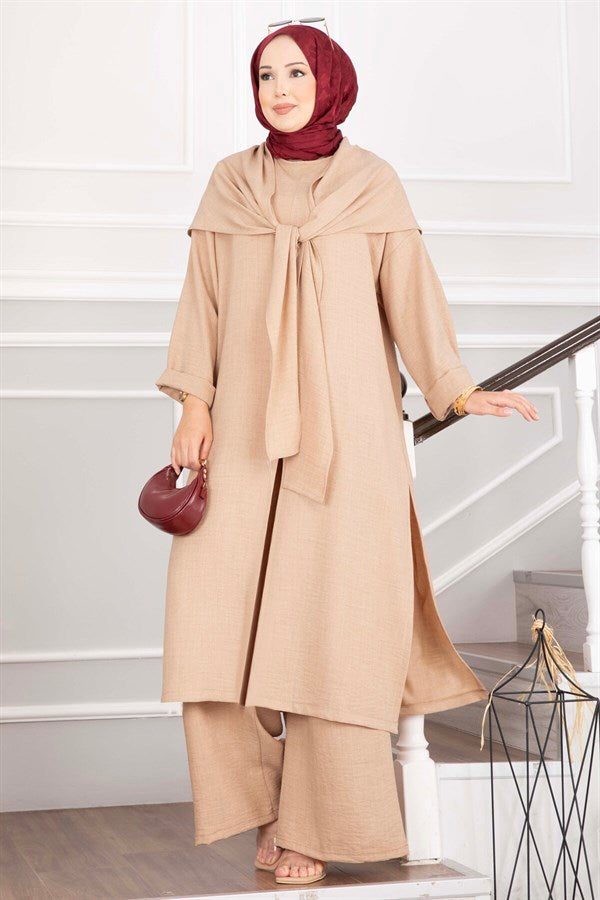 Shawl Detail Slit 3 Piece Set Camel