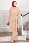 Shawl Detail Slit 3 Piece Set Camel