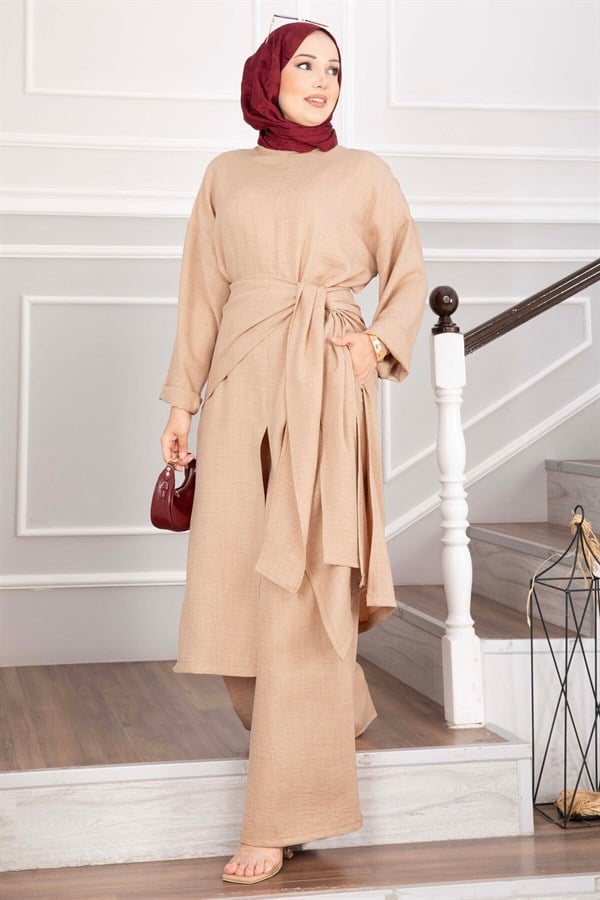 Shawl Detail Slit 3 Piece Set Camel
