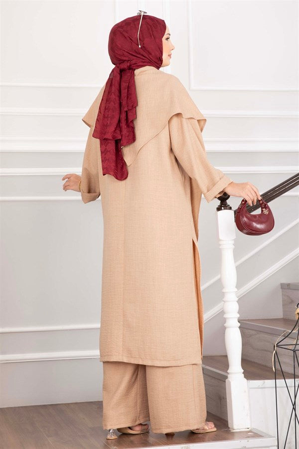 Shawl Detail Slit 3 Piece Set Camel