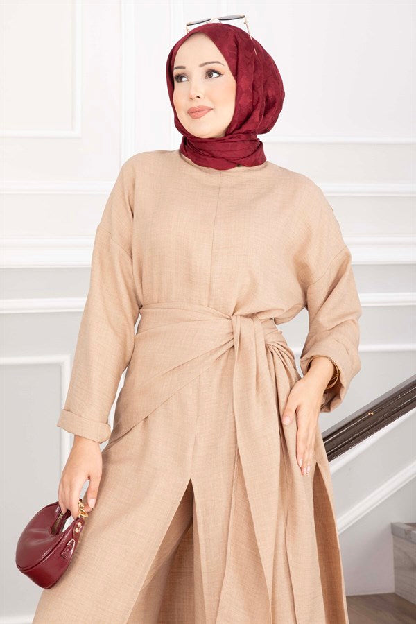 Shawl Detail Slit 3 Piece Set Camel