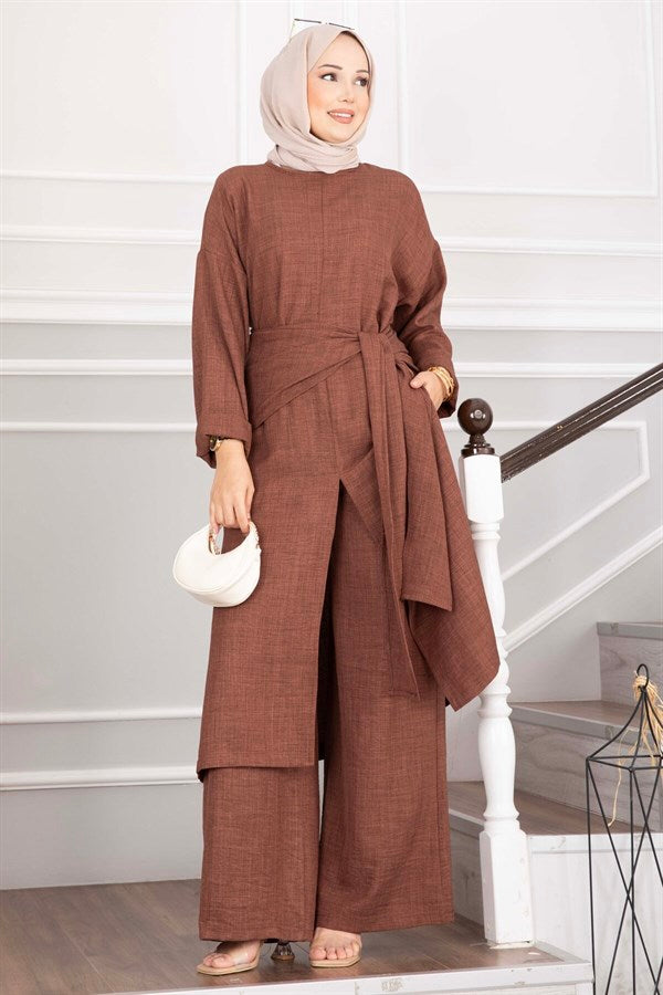 3 Piece Set with Shawl Detail and Slit, Coffee Color