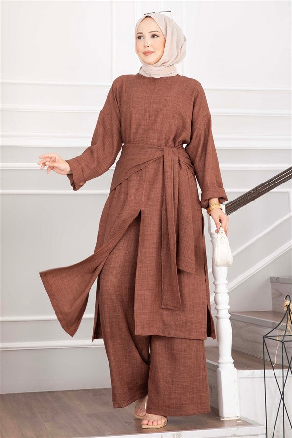3 Piece Set with Shawl Detail and Slit, Coffee Color