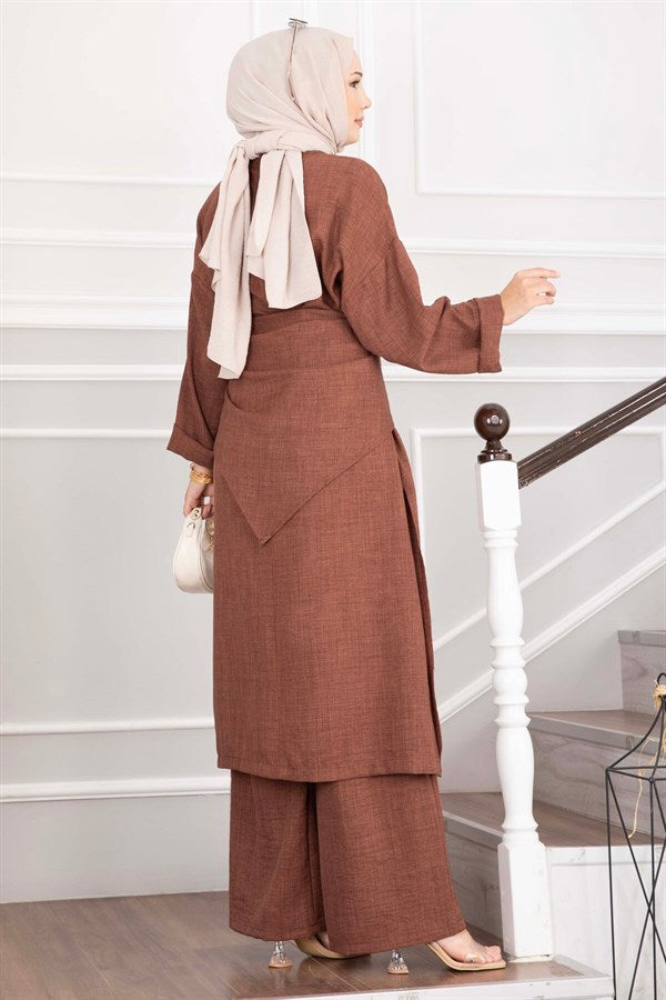 3 Piece Set with Shawl Detail and Slit, Coffee Color