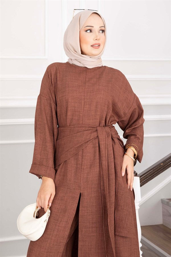 3 Piece Set with Shawl Detail and Slit, Coffee Color