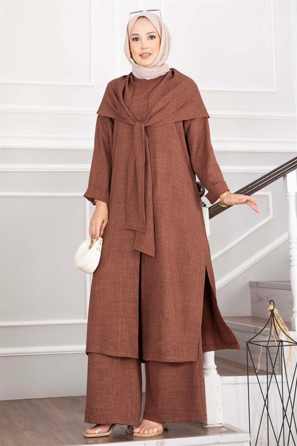 3 Piece Set with Shawl Detail and Slit, Coffee Color