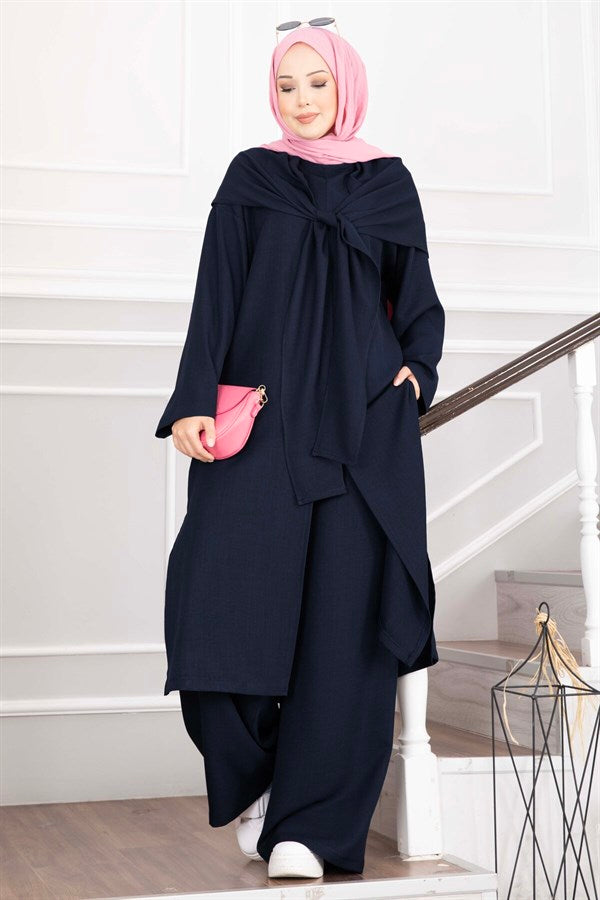 3 Piece Set with Shawl Detail and Slits, Navy Blue