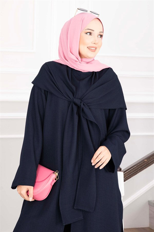 3 Piece Set with Shawl Detail and Slits, Navy Blue