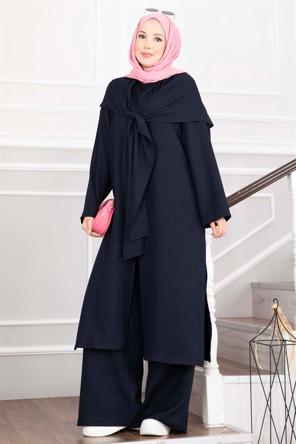 3 Piece Set with Shawl Detail and Slits, Navy Blue