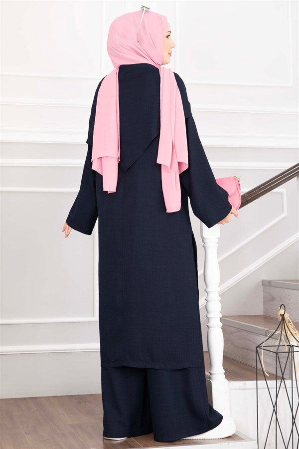 3 Piece Set with Shawl Detail and Slits, Navy Blue