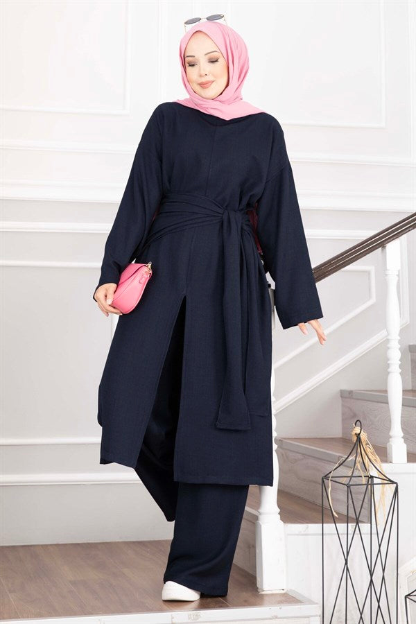 3 Piece Set with Shawl Detail and Slits, Navy Blue