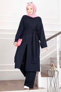 3 Piece Set with Shawl Detail and Slits, Navy Blue