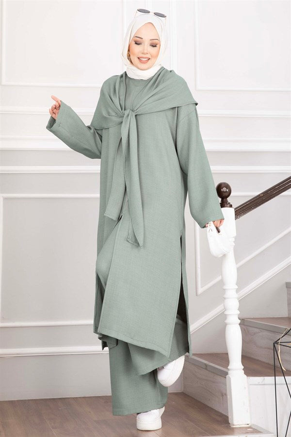 3 Piece Set with Shawl Detail and Slits, Mint