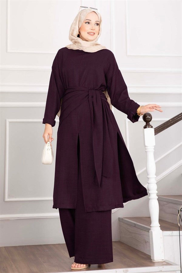 Shawl Detail Slit 3 Piece Set, Plum