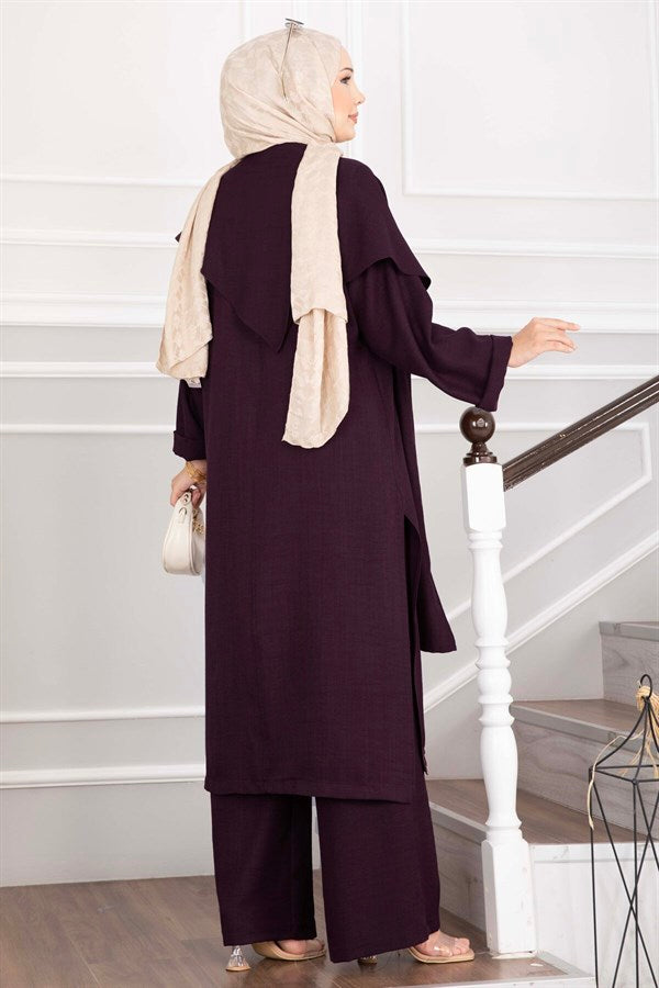 Shawl Detail Slit 3 Piece Set, Plum