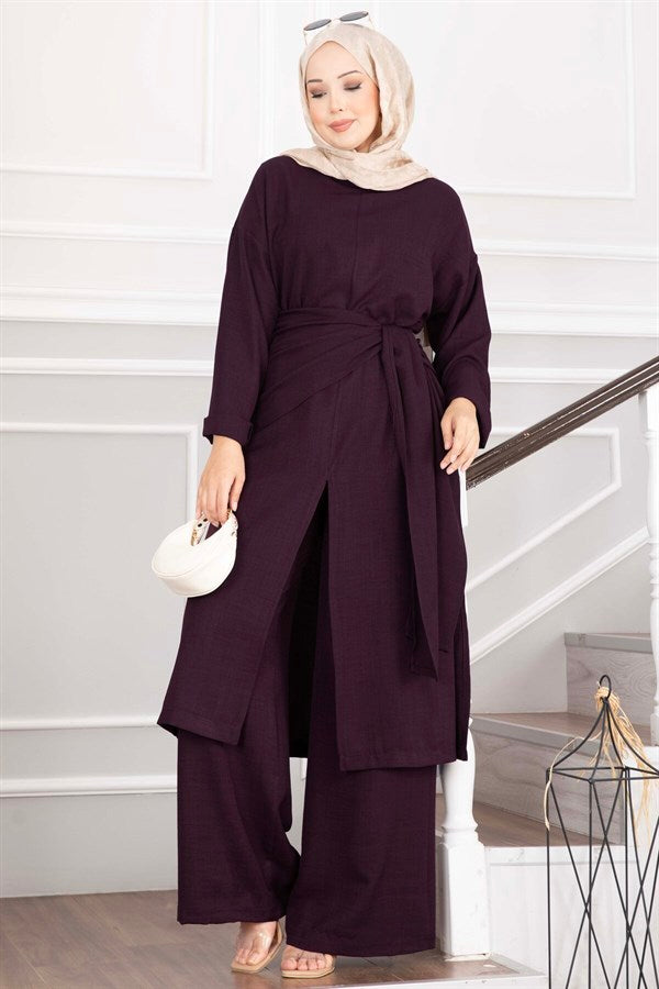 Shawl Detail Slit 3 Piece Set, Plum