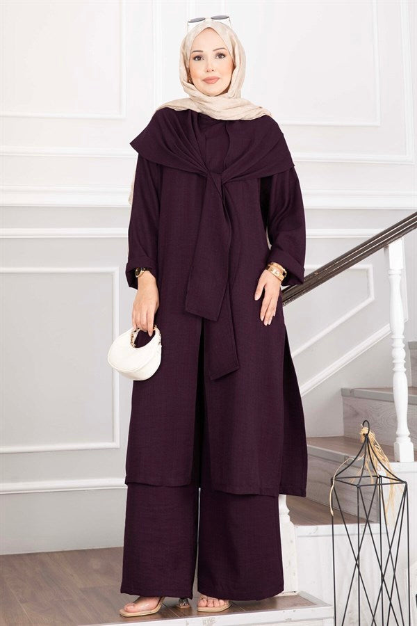 Shawl Detail Slit 3 Piece Set, Plum