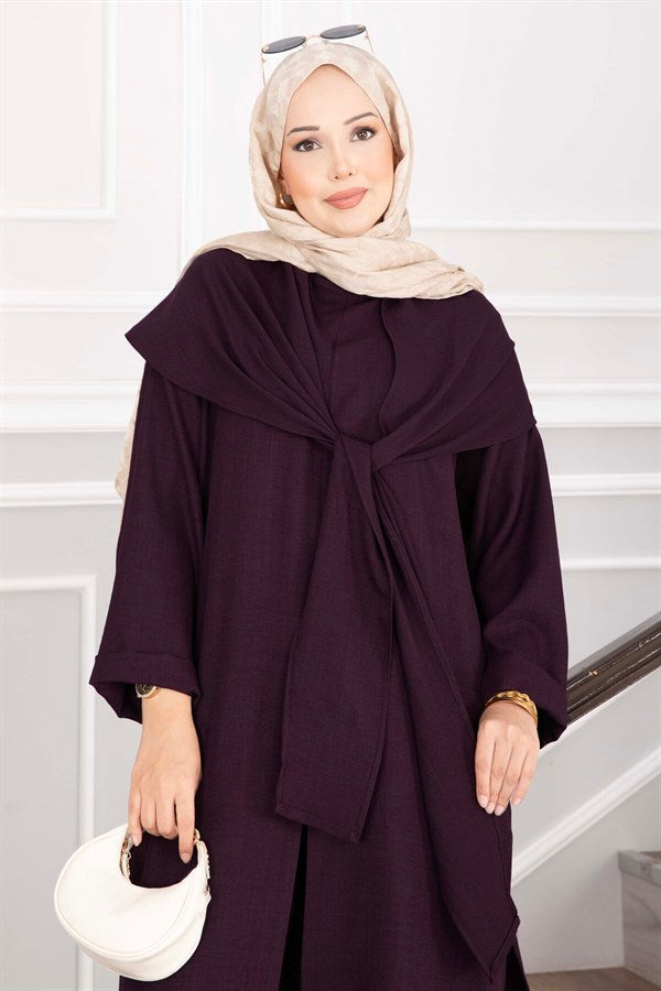 Shawl Detail Slit 3 Piece Set, Plum