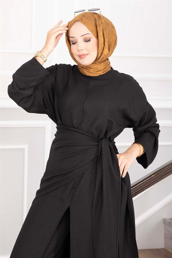 3 Piece Set with Shawl Detail and Slits, Black