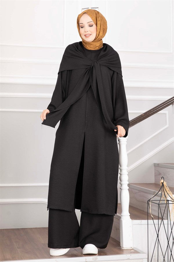 3 Piece Set with Shawl Detail and Slits, Black