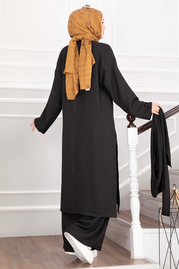 3 Piece Set with Shawl Detail and Slits, Black