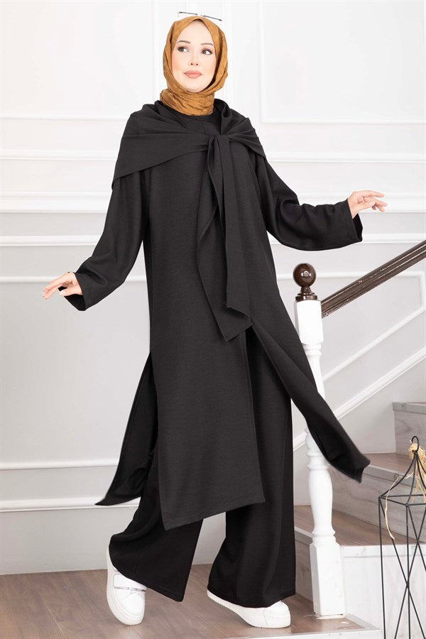 3 Piece Set with Shawl Detail and Slits, Black