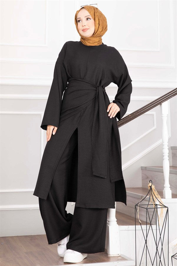 3 Piece Set with Shawl Detail and Slits, Black