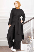 3 Piece Set with Shawl Detail and Slits, Black