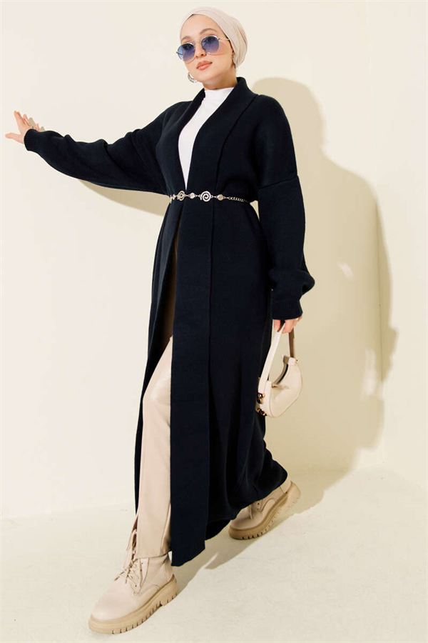 Shawl Collar Basic Long Knit Cardigan Navy Blue